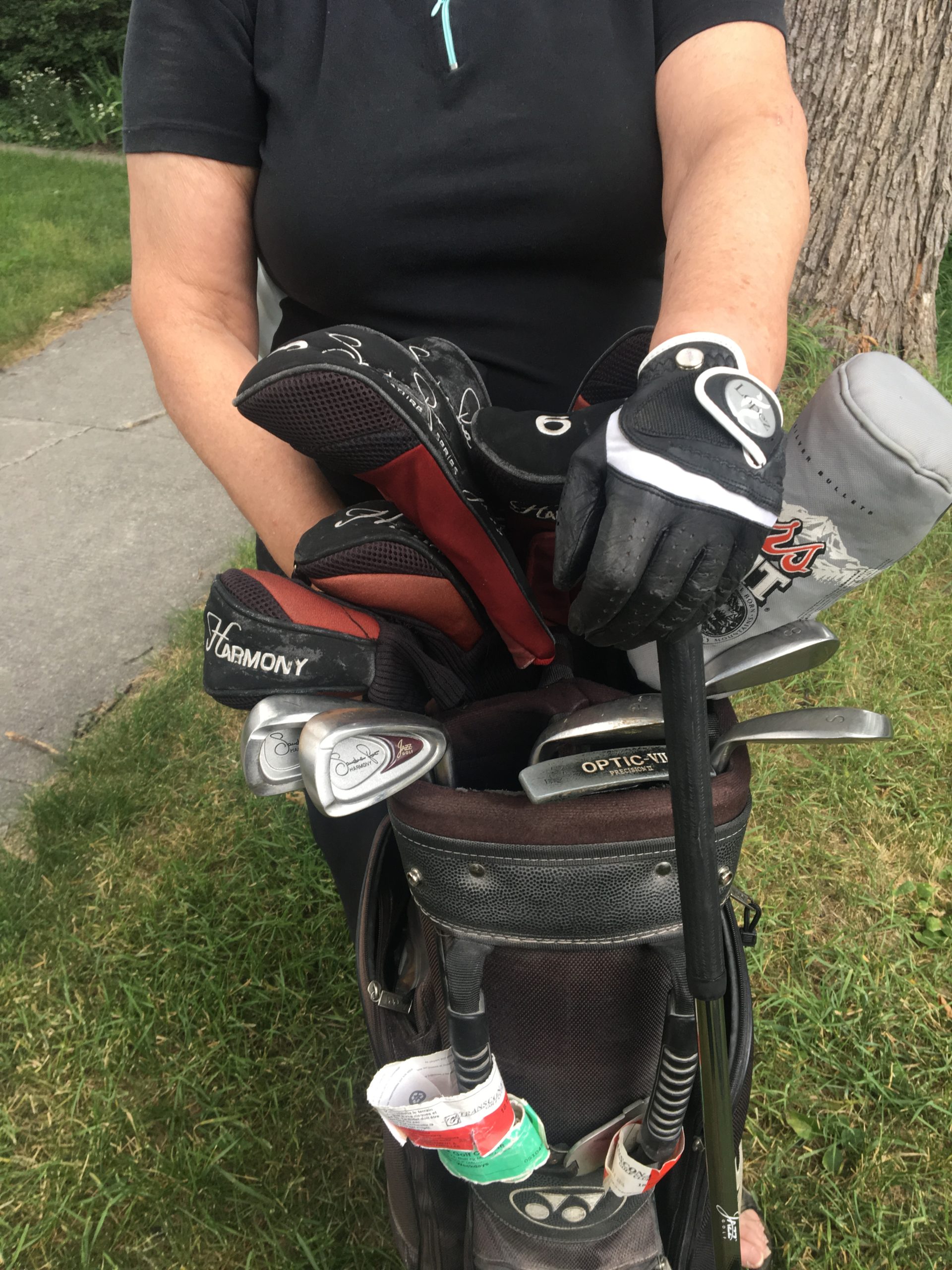 person with golf clubs