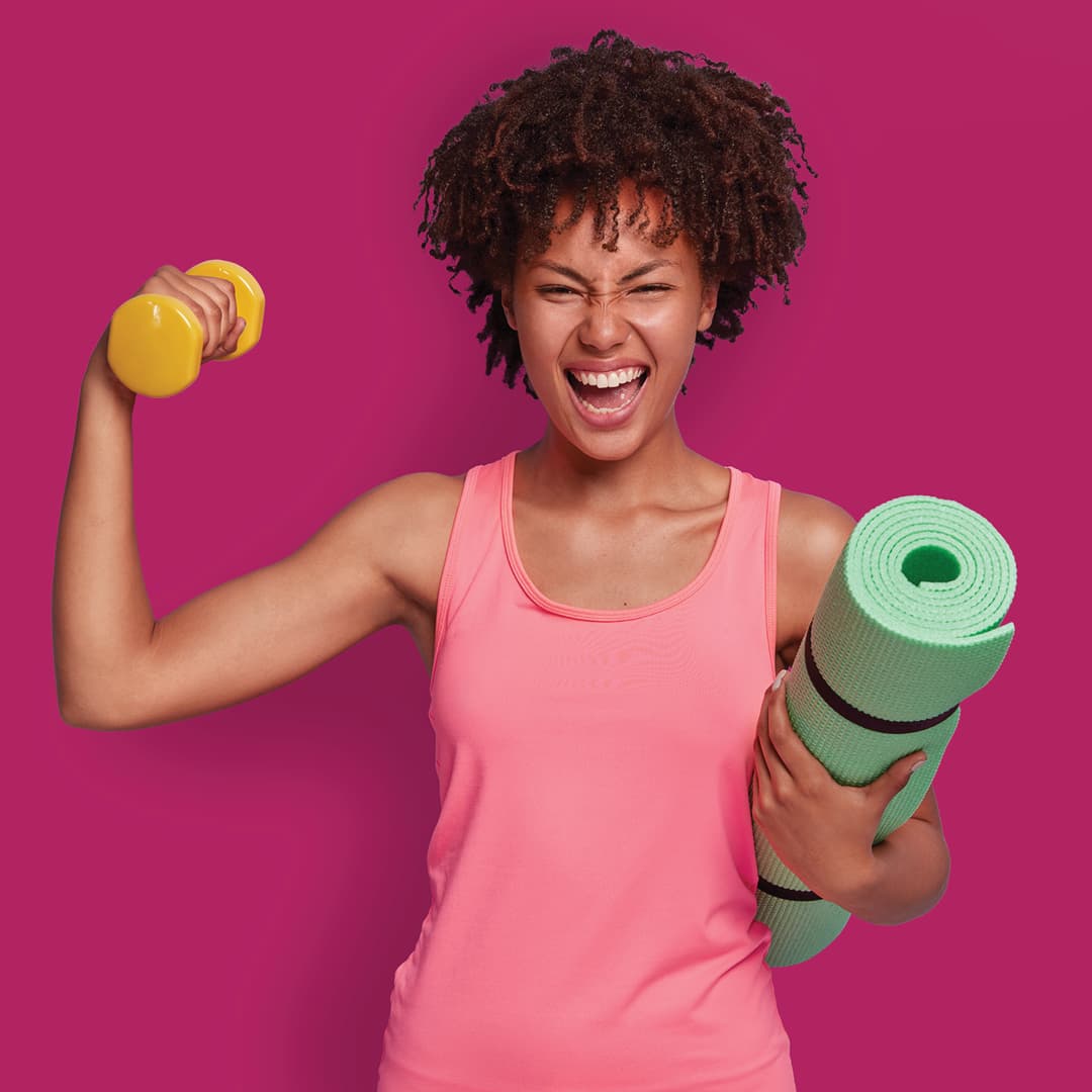 woman with exercise equipment, flexing