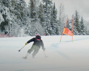 Professional skier approaching a gate